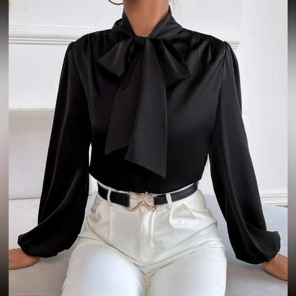 Classic Elegant Satin Tie Neck Work Office Top Blouse Shirt Green - Picture 15 of 16